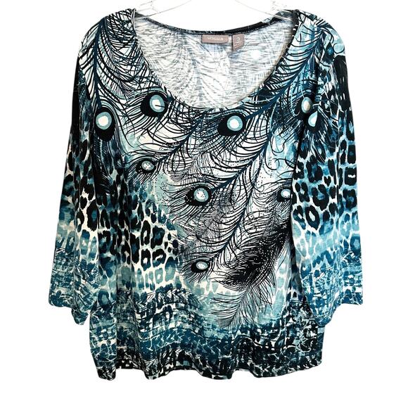 Chicos Peacock Feather Top Size 3 (Womens XL) Teal Sparkle Art to Wear Knit Tee - Picture 2 of 9